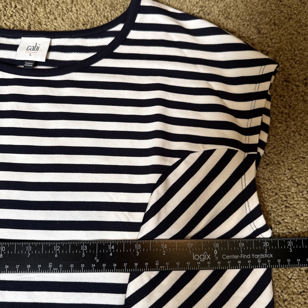 CAbi Women Sleeveless Top L Navy White Striped Illusion Tee Stretch‎ Pattern - Picture 4 of 8